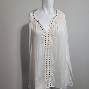 Vince Camuto large blouse cream studs pleated sheer longsleeve v-neck